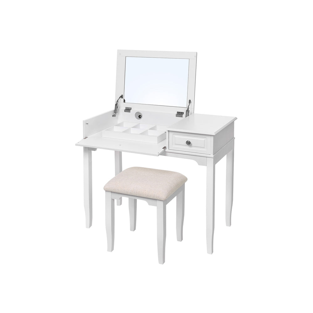 vasagle-schminktisch-sekret-r-wei-mit-spiegel-hocker-und-schublade image 2